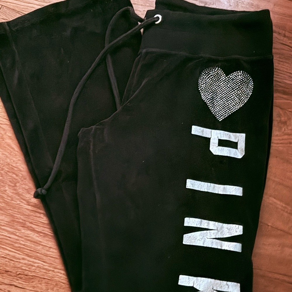 PINK Victoria's Secret Black Pants with Silver Heart Y2K